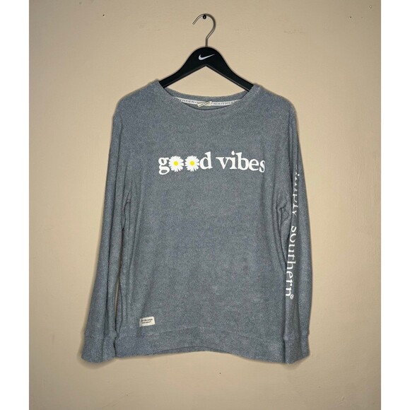 Simply Southern Inside Out Crewneck Sweatshirt Light Blue Good Vibes Daisy Large - Picture 3 of 8